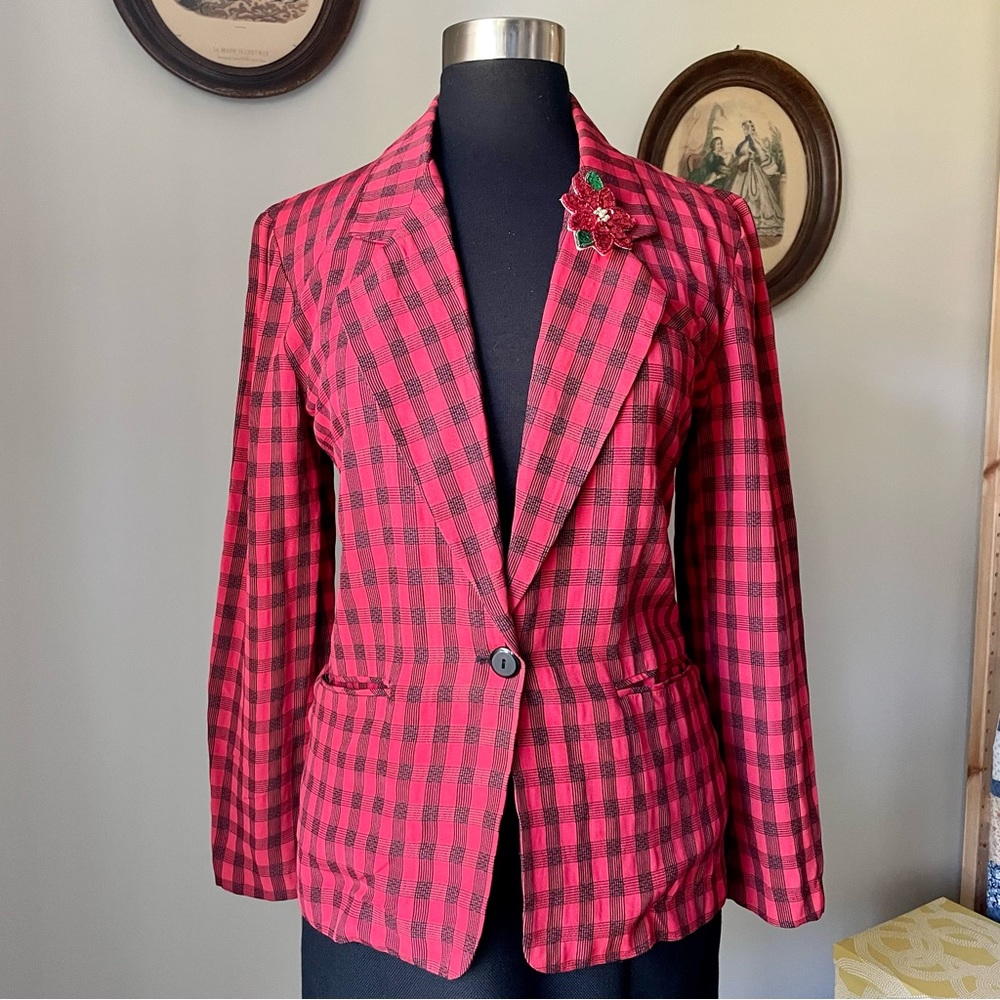 VINTAGE 1980s Red and Black Plaid Blazer